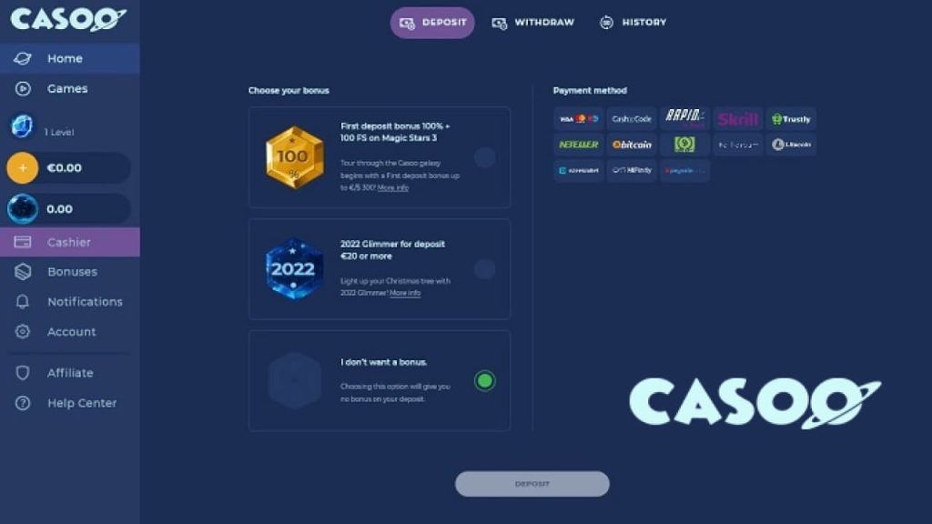 Casoo casino Payment choices